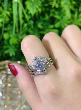 纯银皇冠三件套轻奢戒指女ins小众设计冷淡风精致锆石指环开口戒