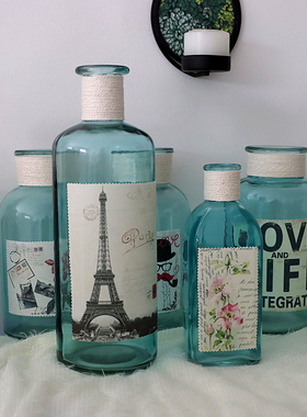 趣乐家装饰器皿地中海蓝印花瓶贴怀旧玻璃杂货收纳瓶罐小器物摆件