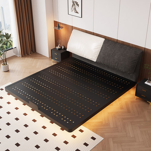 悬浮床双人床卧室家用碳素钢架床民宿单人床洞洞板象耳软包铁艺床 - 图2