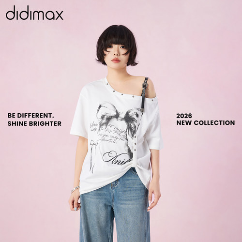 didimax夏季新款单肩皮带宽松型T恤 斜肩休闲风短袖潮流X47849 - 图1