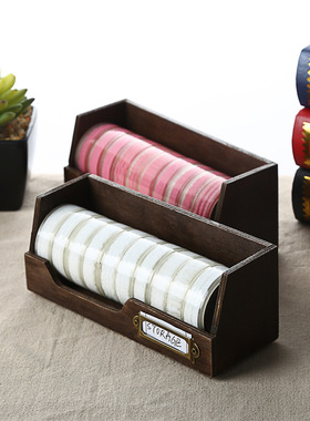 新款杂物纳盒长款胶带收纳创意摆件可叠加木质胶带盒工艺品