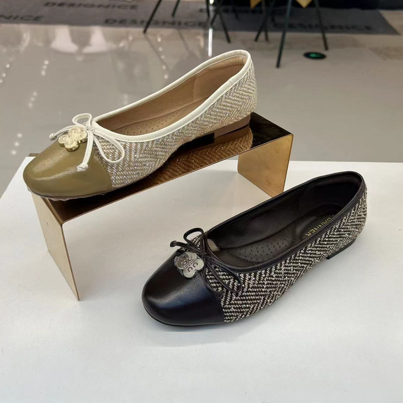 C.BANNER千百度2025秋正品圆头粗跟蝴蝶结浅口拼色单鞋A25482471 - 图0