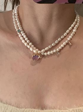 韩国复古珍珠项链巴洛克风格七彩锆石桃心吊坠淑女气质甜美珍珠链