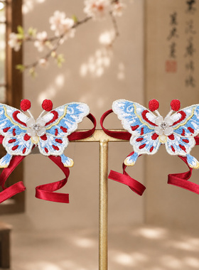 中式红丝带刺绣蝴蝶飘带发夹