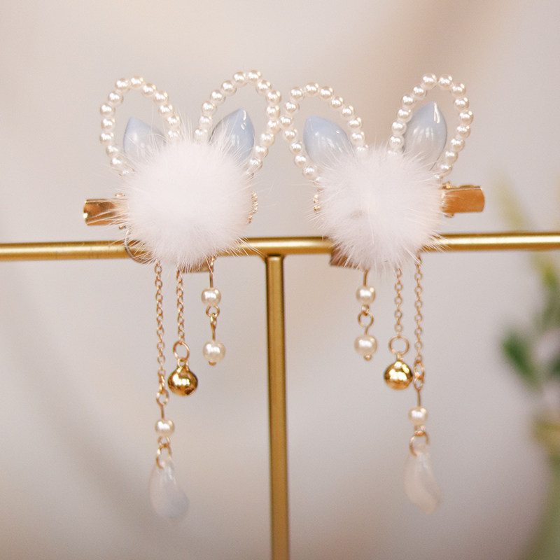 古风毛绒球对夹饰品儿童小兔子耳朵流苏发夹超仙秋冬边夹头饰品,淘宝优惠券,粉丝福利购,淘宝优惠卷