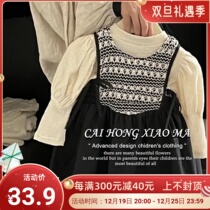 South Korean childrens clothing 2023 fall new girl long sleeve blouse printed harness skirt child foreign air trendy suit tide