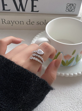 轻奢风满锆石蛇骨水滴形可调节开口指环戒指女小众高级食指戒