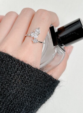 花与蝴蝶锆石开口指环气质戒指女小众高级轻奢风个性时尚食指戒