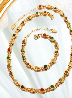 欧美小鱼眼设计多彩锆石拼接链子项链时尚小众手链铜材质首饰套装