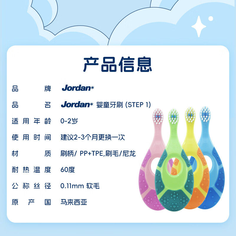 Jordan宝宝细软毛牙刷0-2岁口腔清洁咬胶儿童1段4支装颜色随机