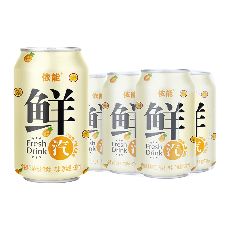 依能百香果凤梨味苏打水饮料气泡水330ml*6罐0糖0脂0卡