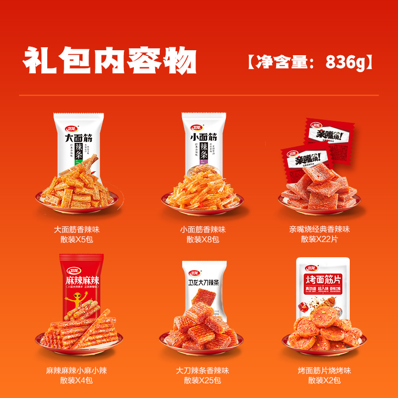 卫龙有辣同享辣条零食礼盒836g*1盒素肉豆干大小面筋小吃麻辣聚餐