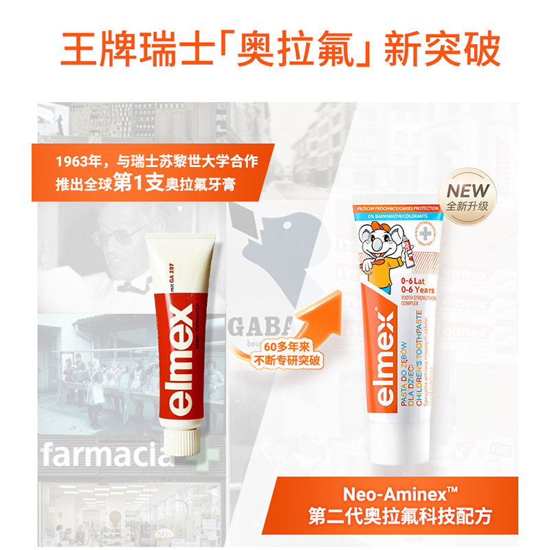 elmex专效防蛀0-6岁儿童牙膏50ml/61g*2支含氟防蛀低泡温和不辣嘴