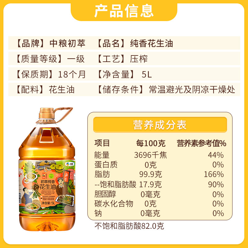 中粮初萃纯香花生食用油5L*1桶物理压榨一级炒菜家用桶装,淘宝优惠券,粉丝福利购,淘宝优惠卷