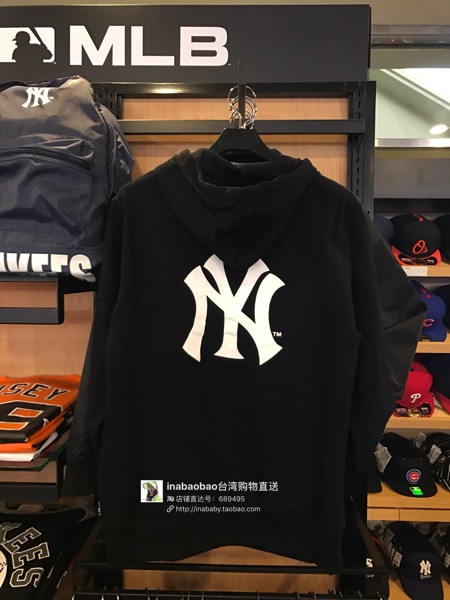 台湾专柜代购MLB NY/洋基队秋冬新纯棉套头厚帽T男长袖连帽卫衣-图0