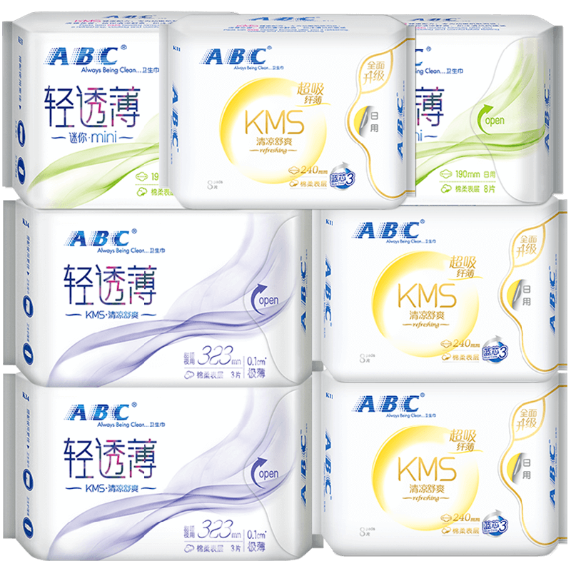 ABC姨妈巾卫生巾日用夜用组合套装清凉超薄6包随箱附1包整箱7包装 - 图0