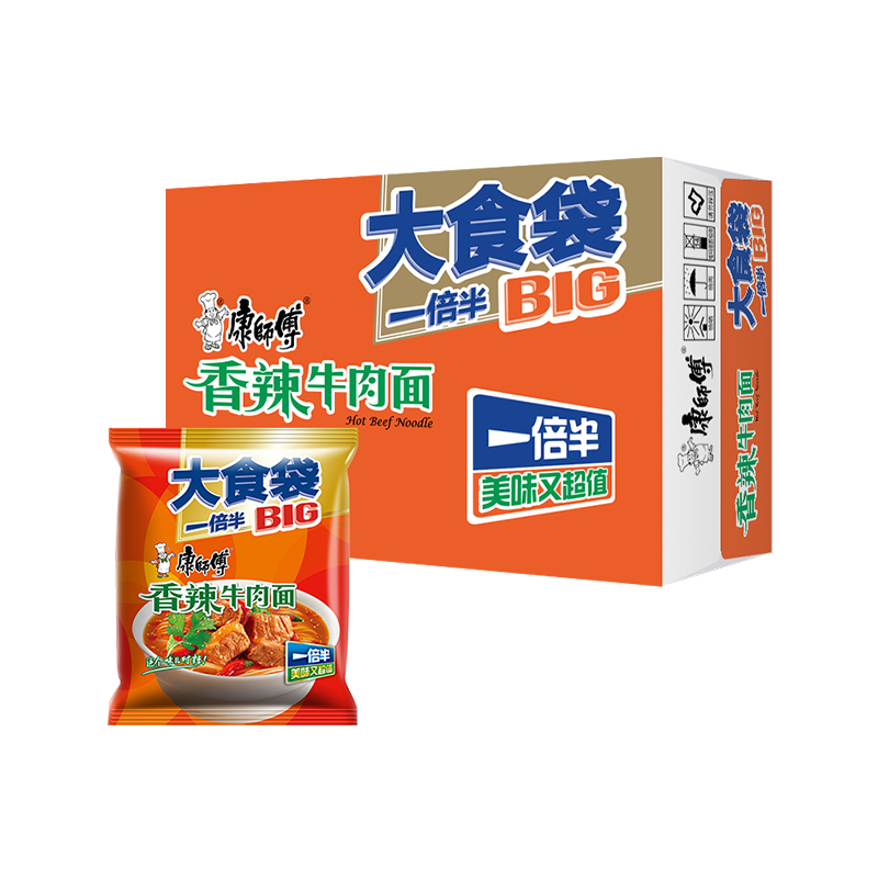 康师傅方便面大食袋香辣牛肉面120g*24袋整箱装泡面速食即食面 - 图0