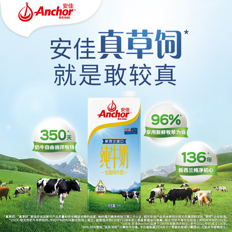 【进口】安佳全脂纯牛奶3.6g蛋白质新西兰草饲奶源早餐奶1L×8盒_虎窝淘