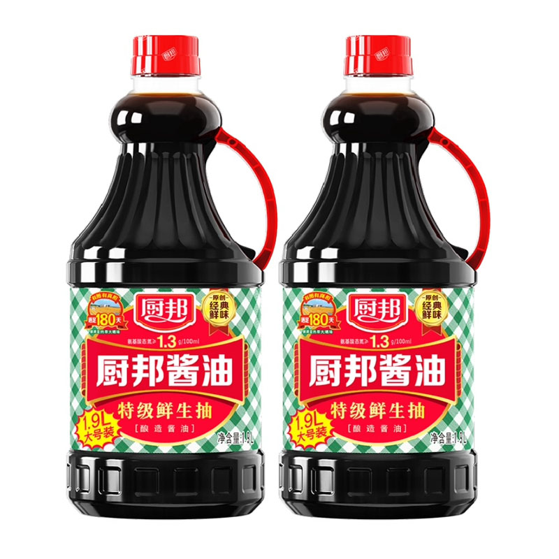 廚邦醬油1.9L*2特級生抽黃豆釀造調味品家用調料涼拌炒菜_天貓超市_糧油調味/速食/干貨/烘焙