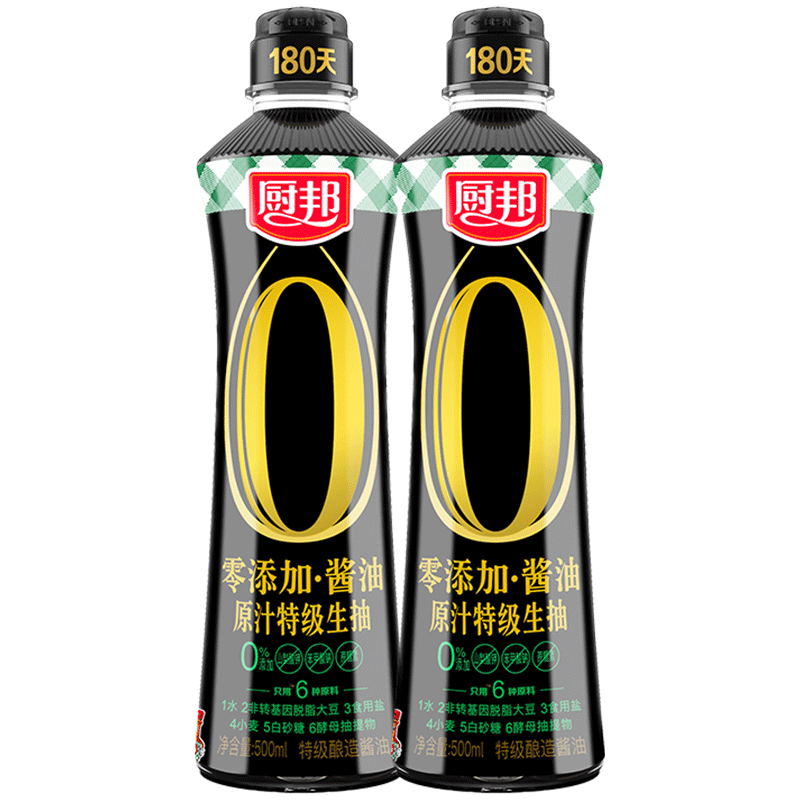 厨邦酱油零添加特级生抽500ml*2