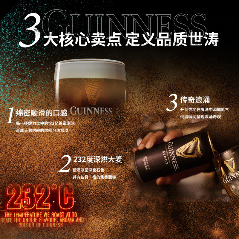 GUINNESS/健力士司陶特世涛啤酒爱尔兰风味黑啤440ml*12听 - 图1