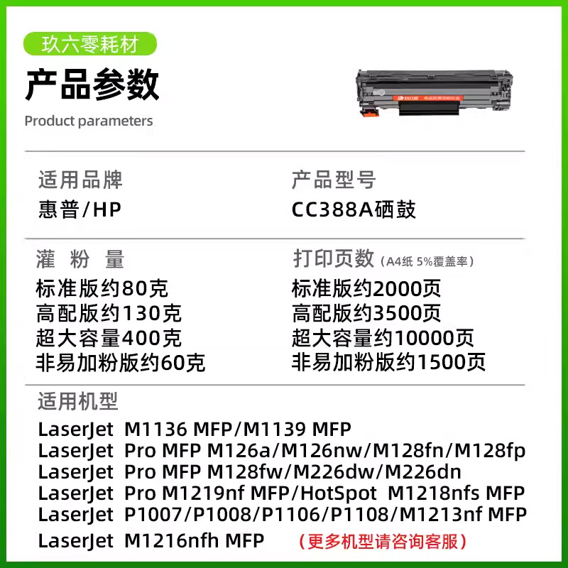 适用惠普m1136硒鼓m126a HP1108 P1106打印机墨盒HP CC388A碳粉盒 - 图1