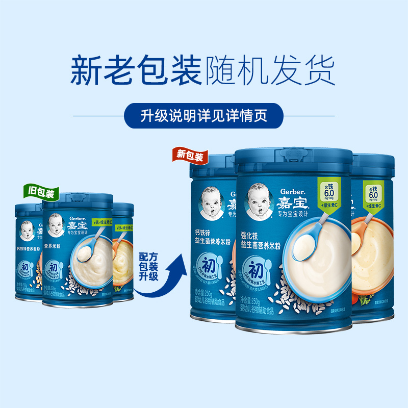 嘉宝营养米粉原味+胡萝卜+钙铁锌高铁米糊 婴儿辅食250g*3罐装 - 图0