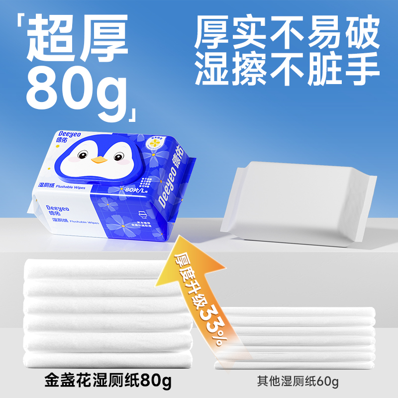德佑金盏花湿厕纸女性卫生湿巾 清洁除菌湿手纸洁厕纸湿巾80抽4包