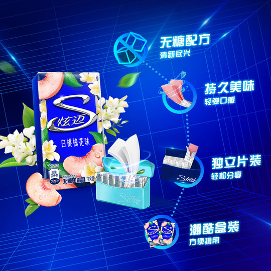 炫迈特调花香白桃槐花味盒装无糖口香糖果清新口气零食凑单