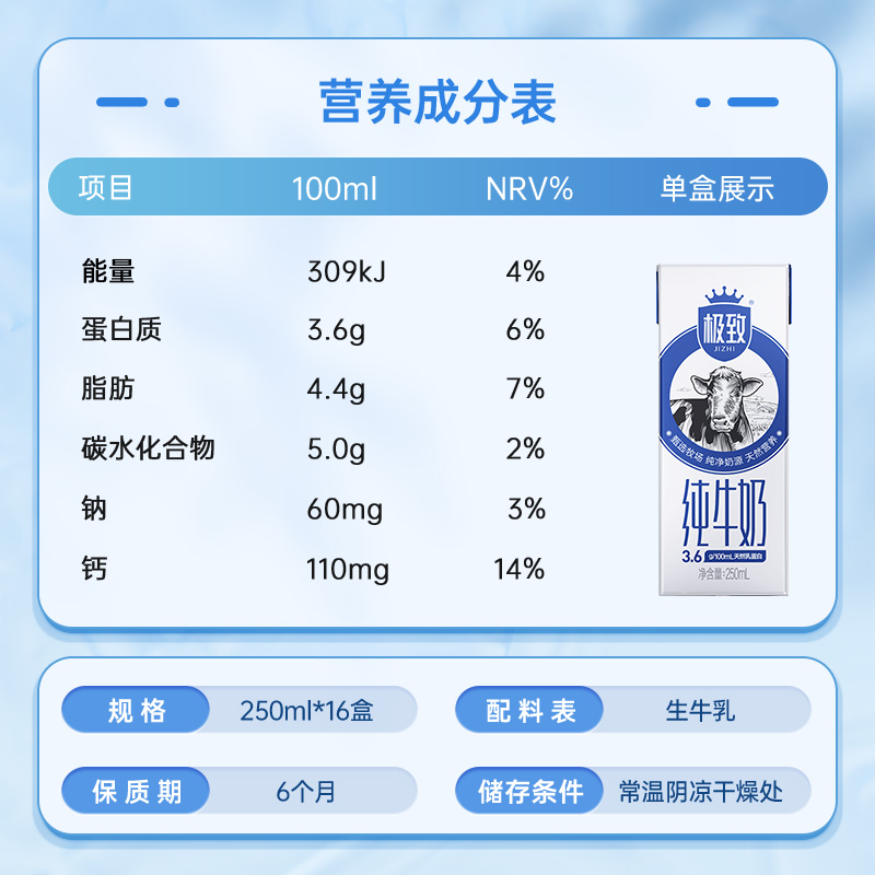 三元极致纯牛奶250ml*16盒纯牛奶整箱全脂牛奶营养早餐 - 图0