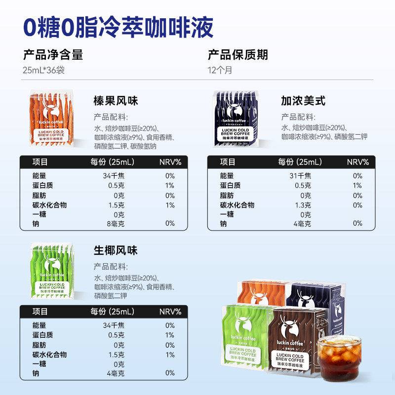 【下拉领优惠】瑞幸咖啡冷萃咖啡液加浓美式风味0糖0脂 生椰拿铁