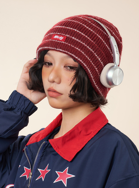 新款韩版红色条纹字母针织帽秋冬保暖大头围显脸小毛线帽子男女款