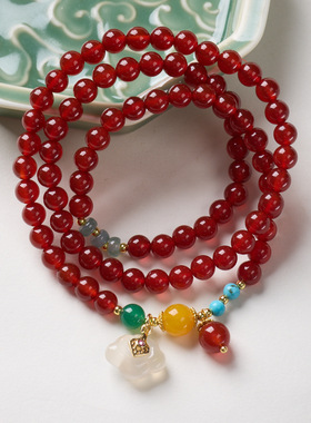 天然红玛瑙蓝水翡翠多圈手链新中