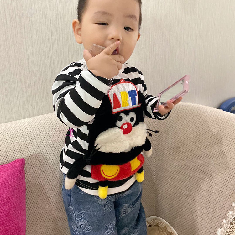MIJELLO/2025春秋款 儿童果酱熊猫立体毛绒公仔卡通条纹长袖t恤,淘宝优惠券,粉丝福利购,淘宝优惠卷