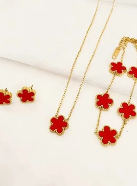 跨境新款热销幸运五叶草双面钛钢套装项链手链耳钉时髦女式