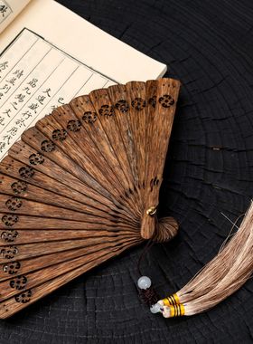 越南芽庄沉香扇子中国风古典镂空雕刻工艺品摆件手持车载挂件