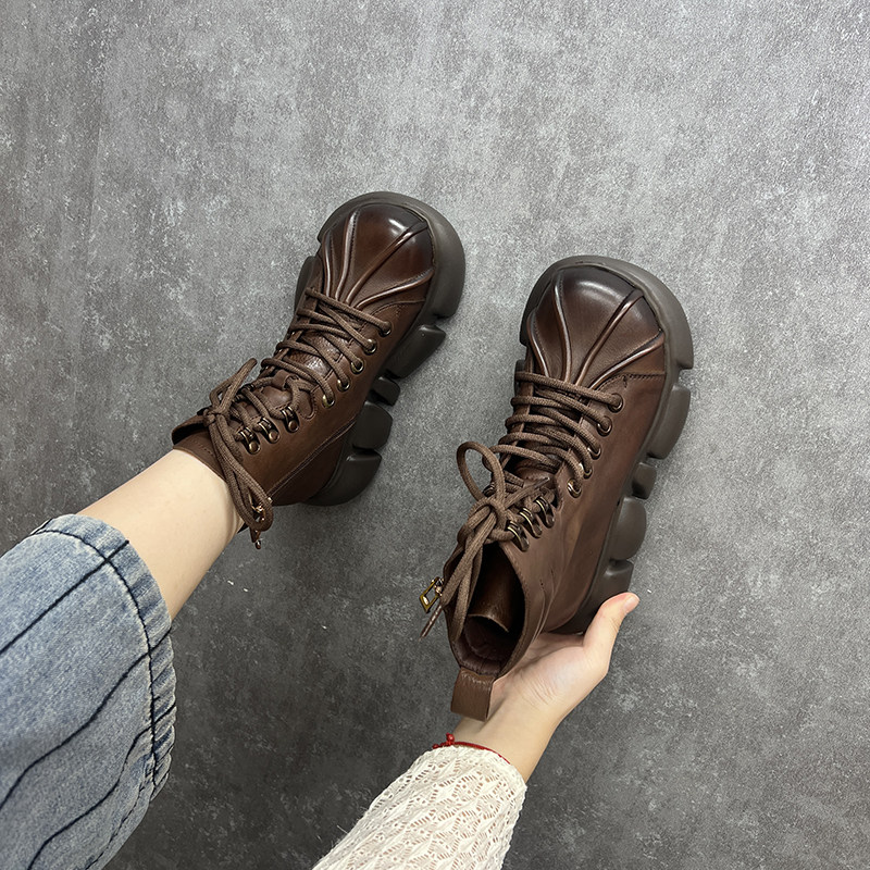 艺鞜2026年秋季新款真皮贝壳头厚底侧拉链马丁靴松糕系带短靴子女,淘宝优惠券,粉丝福利购,淘宝优惠卷