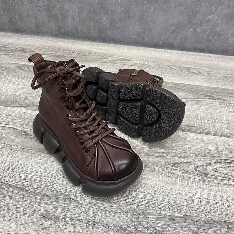 艺鞜2026年秋季新款真皮贝壳头厚底侧拉链马丁靴松糕系带短靴子女,淘宝优惠券,粉丝福利购,淘宝优惠卷