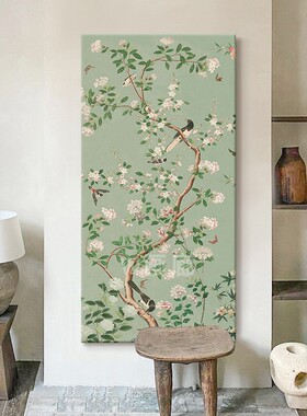 海棠花喜上枝头高级感小众玄关装饰画客厅抽象喜鹊绿色挂画