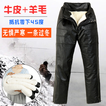 Leather pants genuine leather cow leather warm mens autumn winter wool liner anti-craze motorcycle long pants loose fur integrated