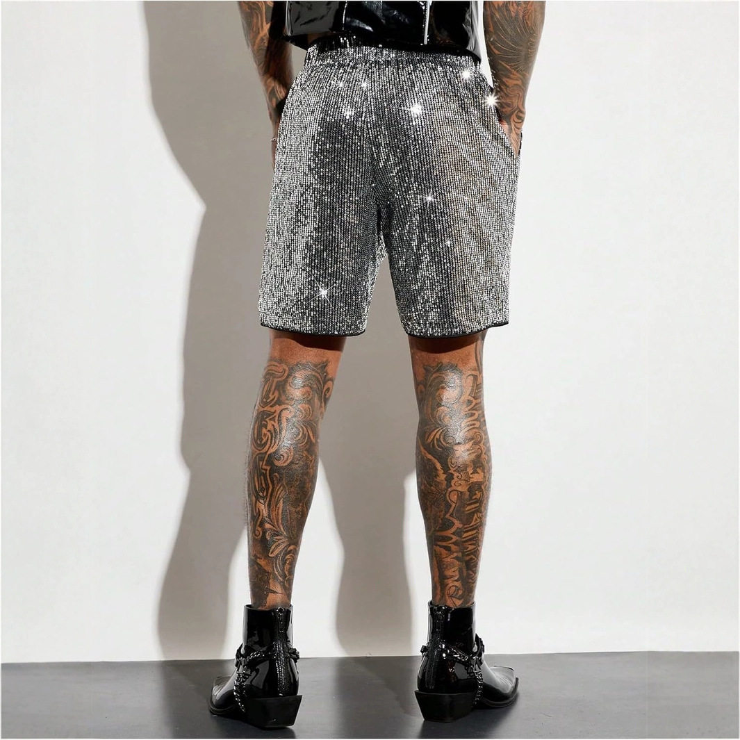 夜店潮流痞帅闪亮片短裤男欧美宽松休闲直筒裤舞蹈演出亮面五分裤,淘宝优惠券,粉丝福利购,淘宝优惠卷