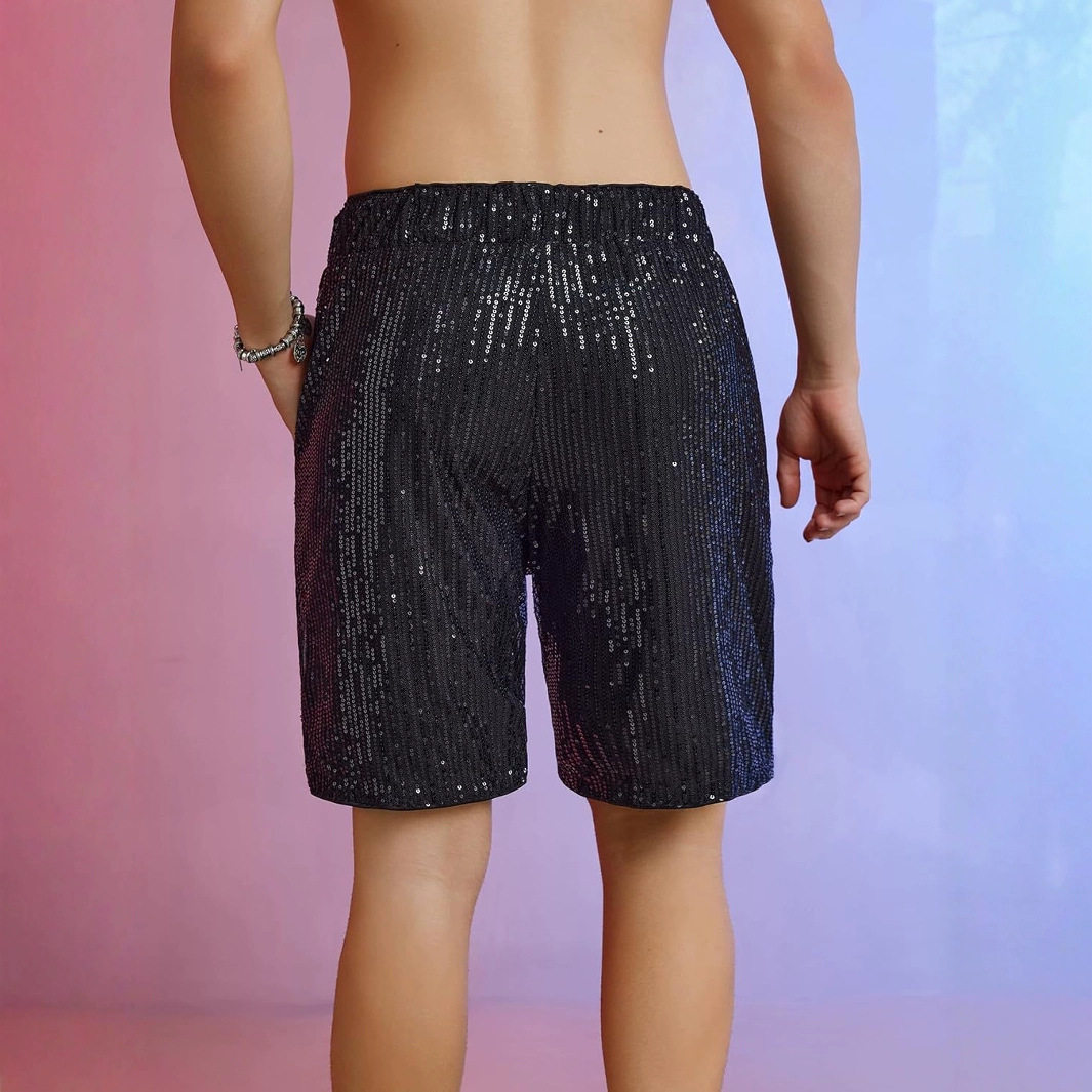 夜店潮流痞帅闪亮片短裤男欧美宽松休闲直筒裤舞蹈演出亮面五分裤,淘宝优惠券,粉丝福利购,淘宝优惠卷