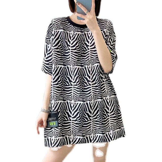 Summer cotton silk thin printed loose slimming T-shirt for women