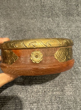 印度手工包铜实木烟灰缸复古中式民族风装饰/直径14cm高5cm