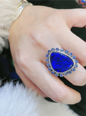 ninisn 浓郁罕有深蓝紫色大颗粒澳大利亚黑欧泊戒指海蓝宝 925银