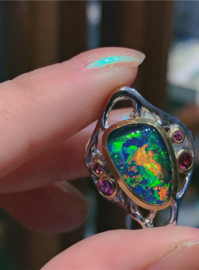 ninisn吉祥如意925银澳大利亚欧泊戒指 高浓度晕彩色斑天然opal女