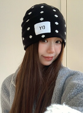 韩版秋冬黑色波点针织保暖冷帽女
