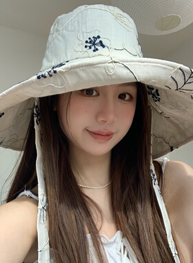 刺绣花朵大帽檐渔夫帽子女夏薄款防晒防紫外线遮阳时尚显脸小盆帽