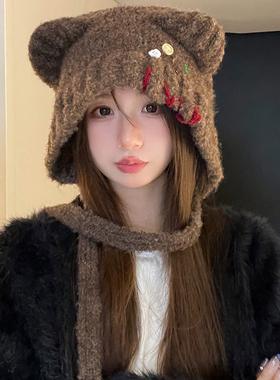 毛绒帽保暖甜美可爱冬季耳朵纽扣