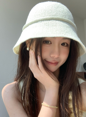 日系蝴蝶结绑带针织渔夫帽女春夏薄款透气显脸小水桶帽遮阳防晒帽